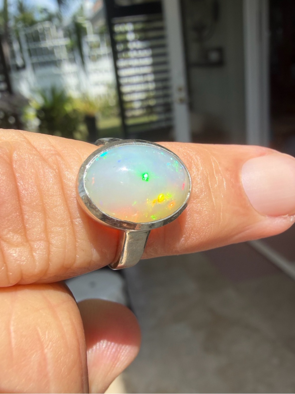Opal Cabochon Sterling-Style Ring - Iridescent White